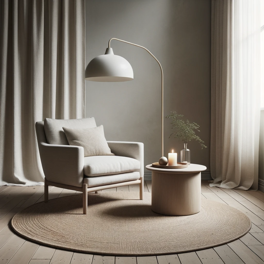 Foto af en minimalistisk stue med en slank gulvlampe ved siden af en lænestol. Der er en boghylde på væggen og et tæppe på gulvet.