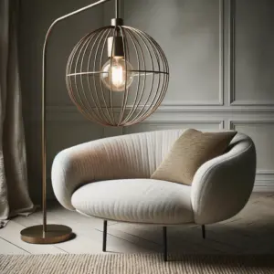 Foto af en stilfuld moderne gulvlampe med en buet form og en mat finish, placeret mod en hvid væg